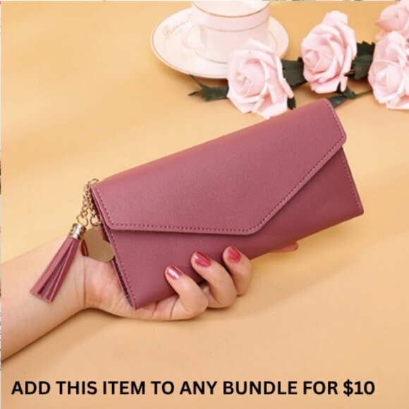 $10 ADD ON ITEM- Pink Clutch Wallet Leather Purse Tassel Charm Card Slot - Picture 1 of 10